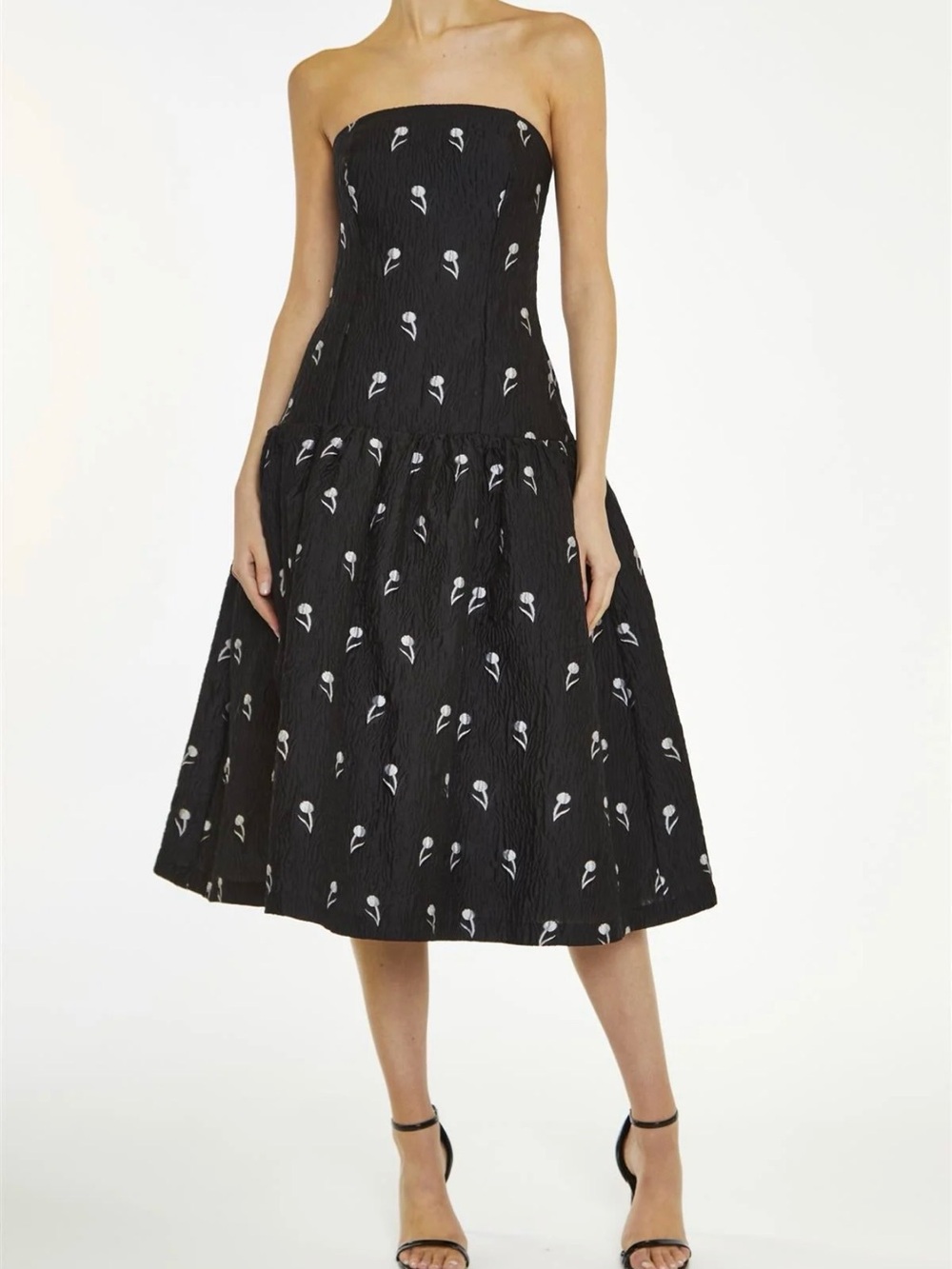 TRUE DECADENCE BLACK-GREY VIENNA FLORAL-BROCADE DROPPED-WAIST MIDI-DRESS